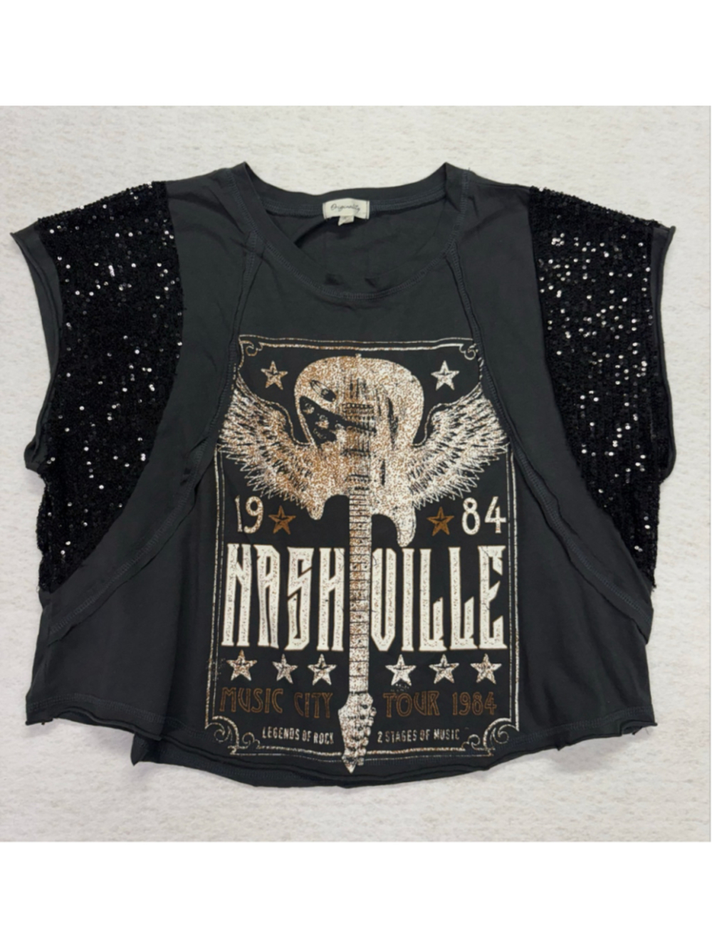 Originality Women's Nashville Graphic Crop Tee Size XL Grey Sequin Accent Sleeve